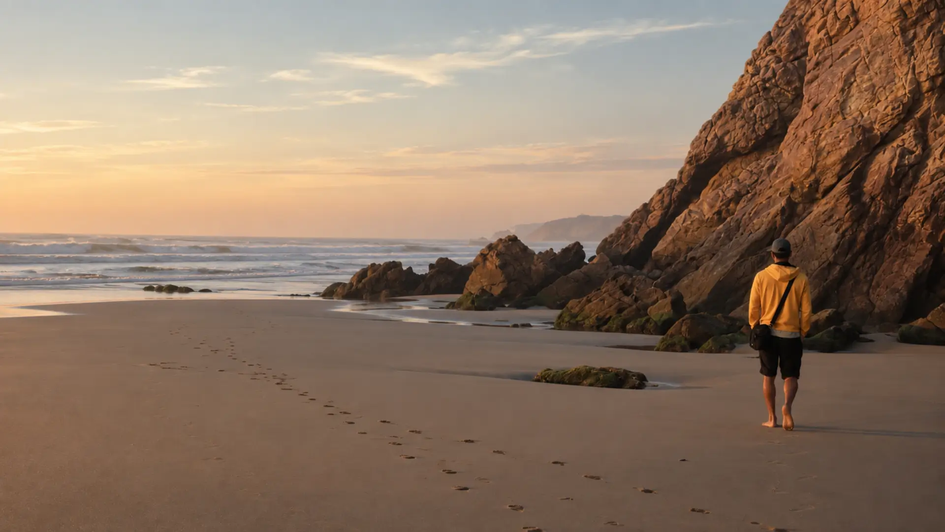 Person walking along a quiet beach beside coastal cliffs
