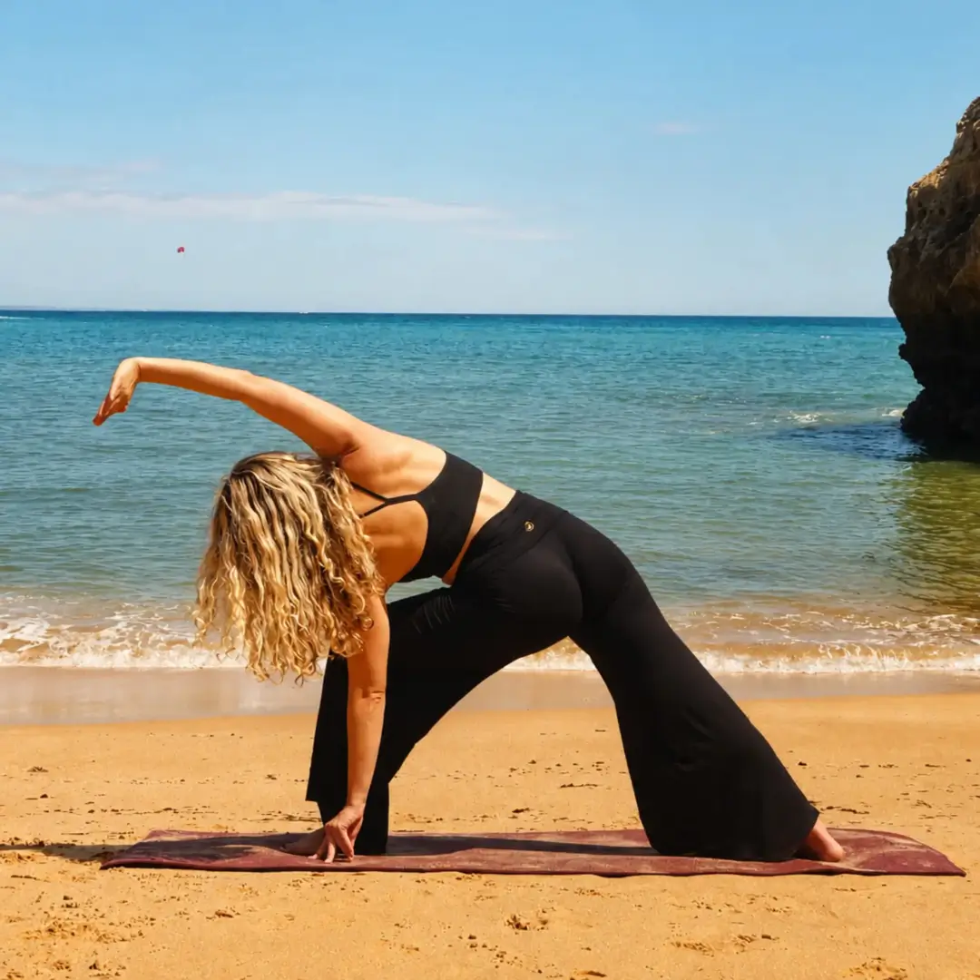 Woman practicing yoga on the beach by the ocean