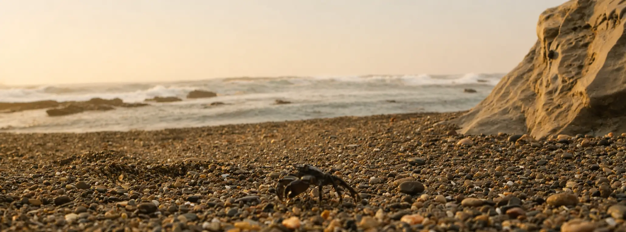 Quiet rocky beach by the ocean in warm evening light