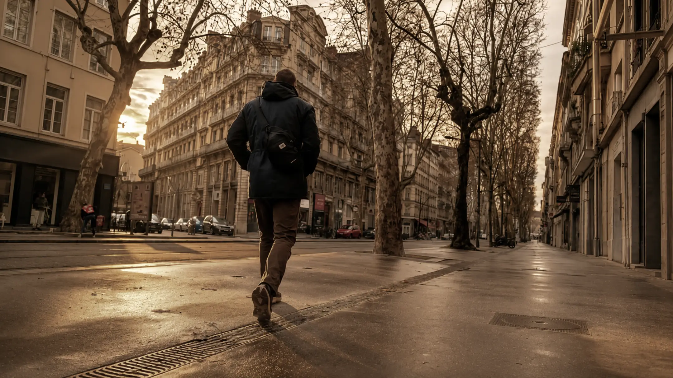 Person walking through a quiet city street after returning to everyday life