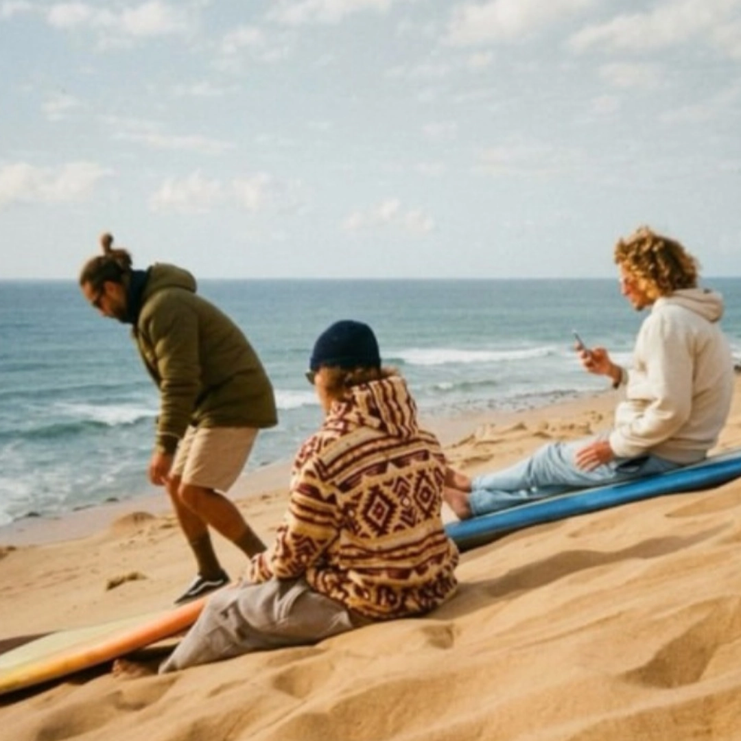 People resting on sand dunes with surfboards nearby