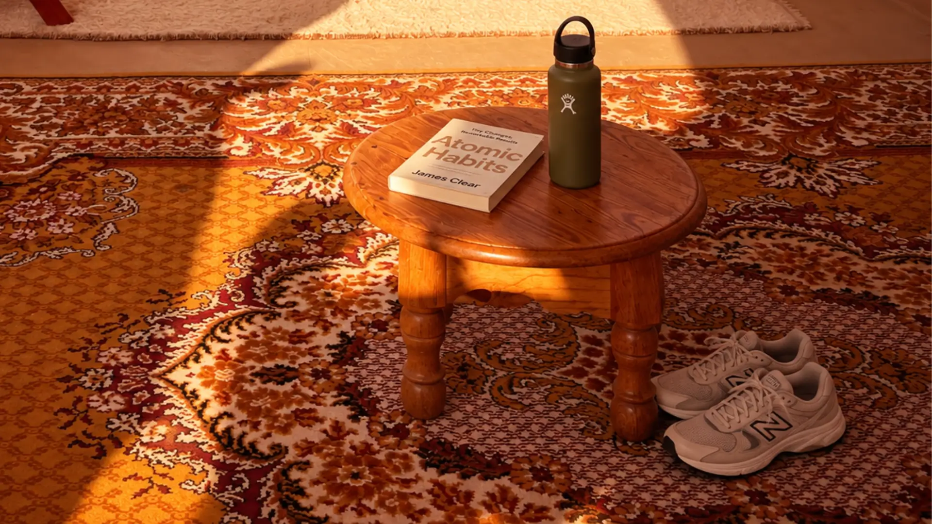 Atomic Habits book, water bottle and running shoes at Vagusta Reset