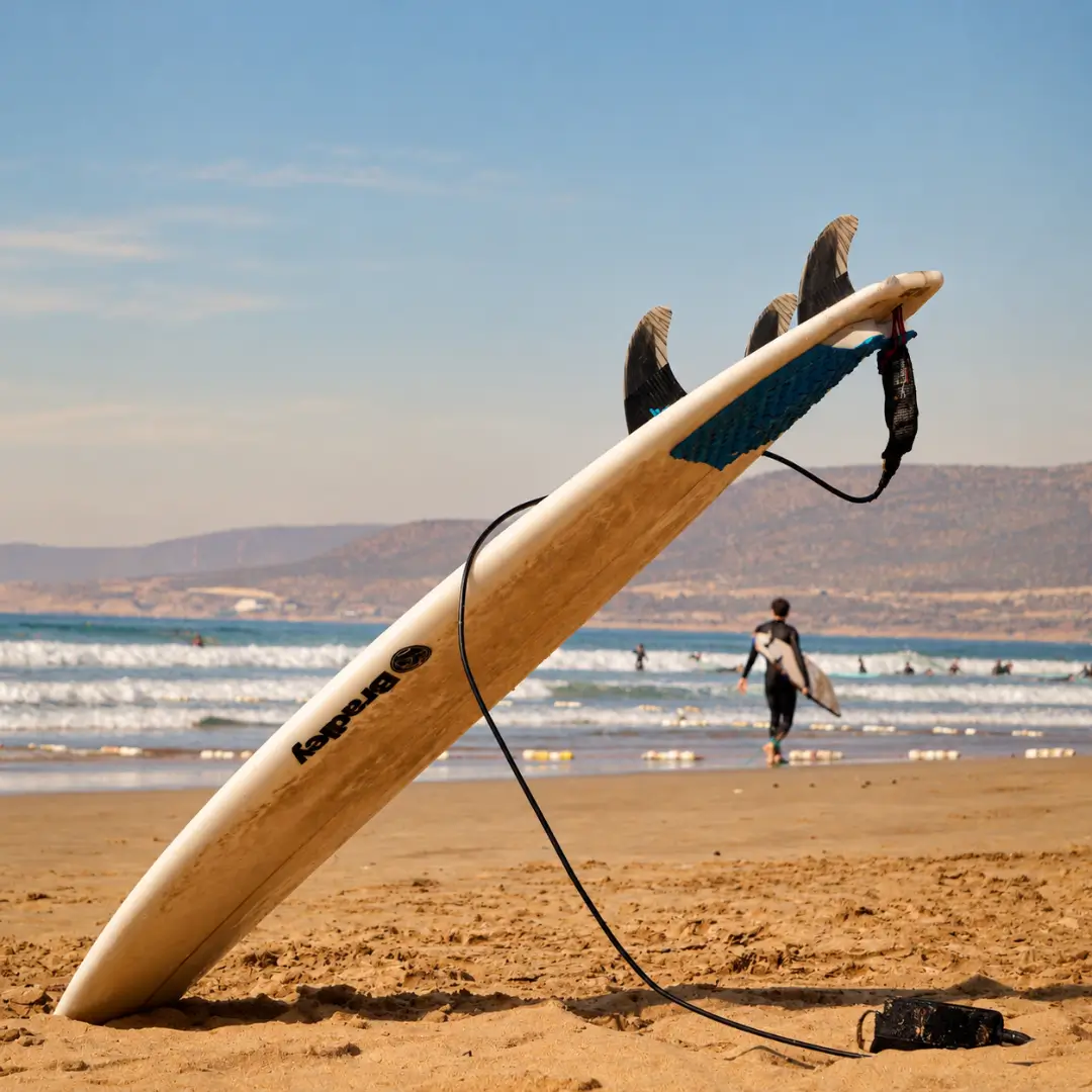 Surfboard on the beach with surfers heading toward the ocean