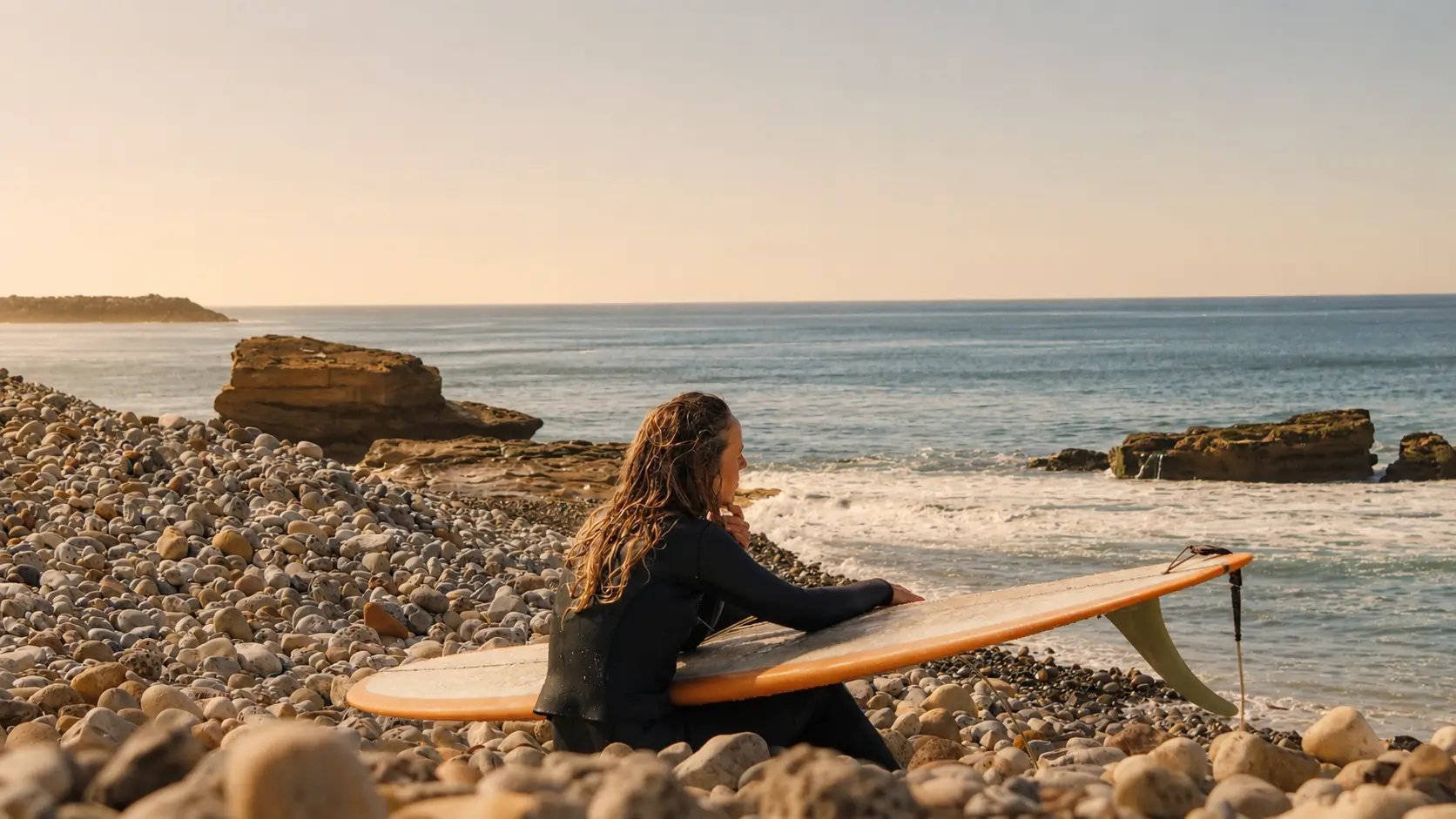Surfer sitting with a surfboard on a rocky beach overlooking the ocean