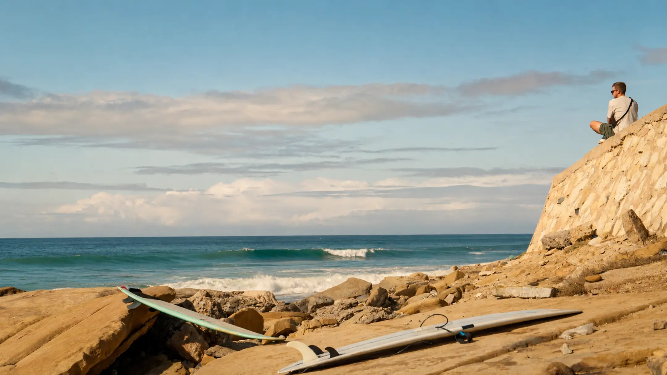 Person sitting above the Atlantic coast beside surfboards during a quiet break by the ocean