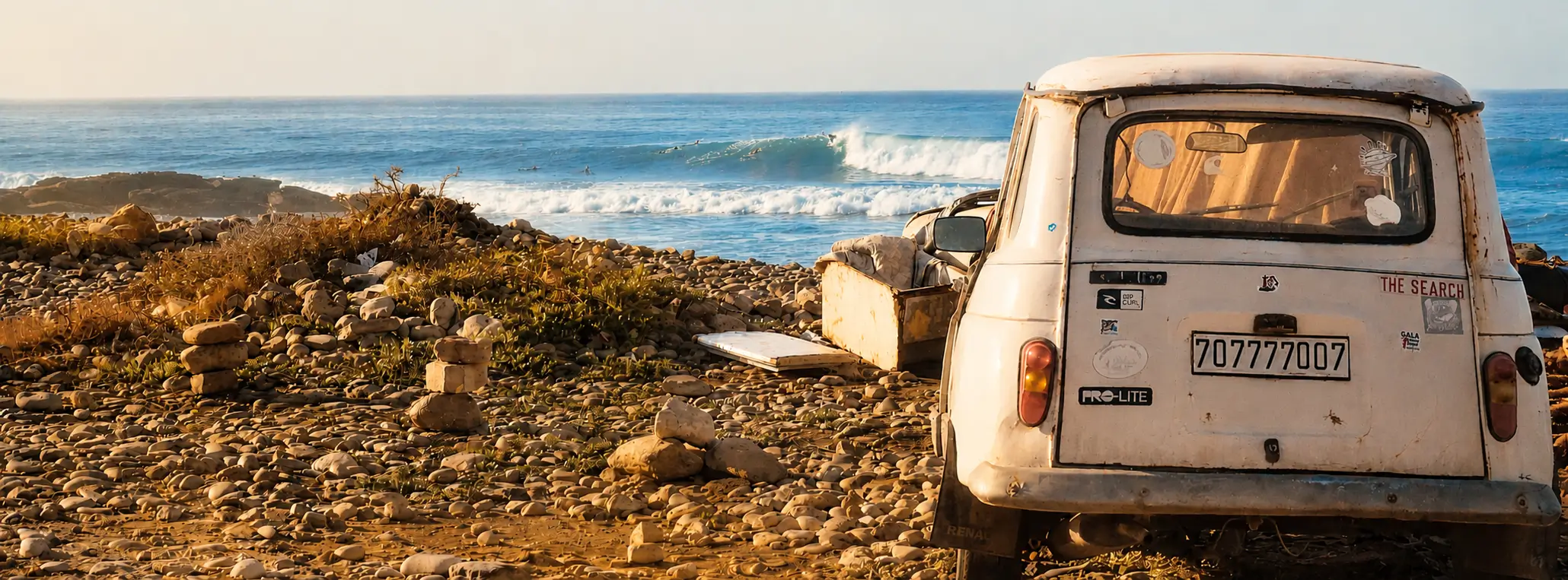 Vintage vehicle beside the ocean on the Moroccan coast