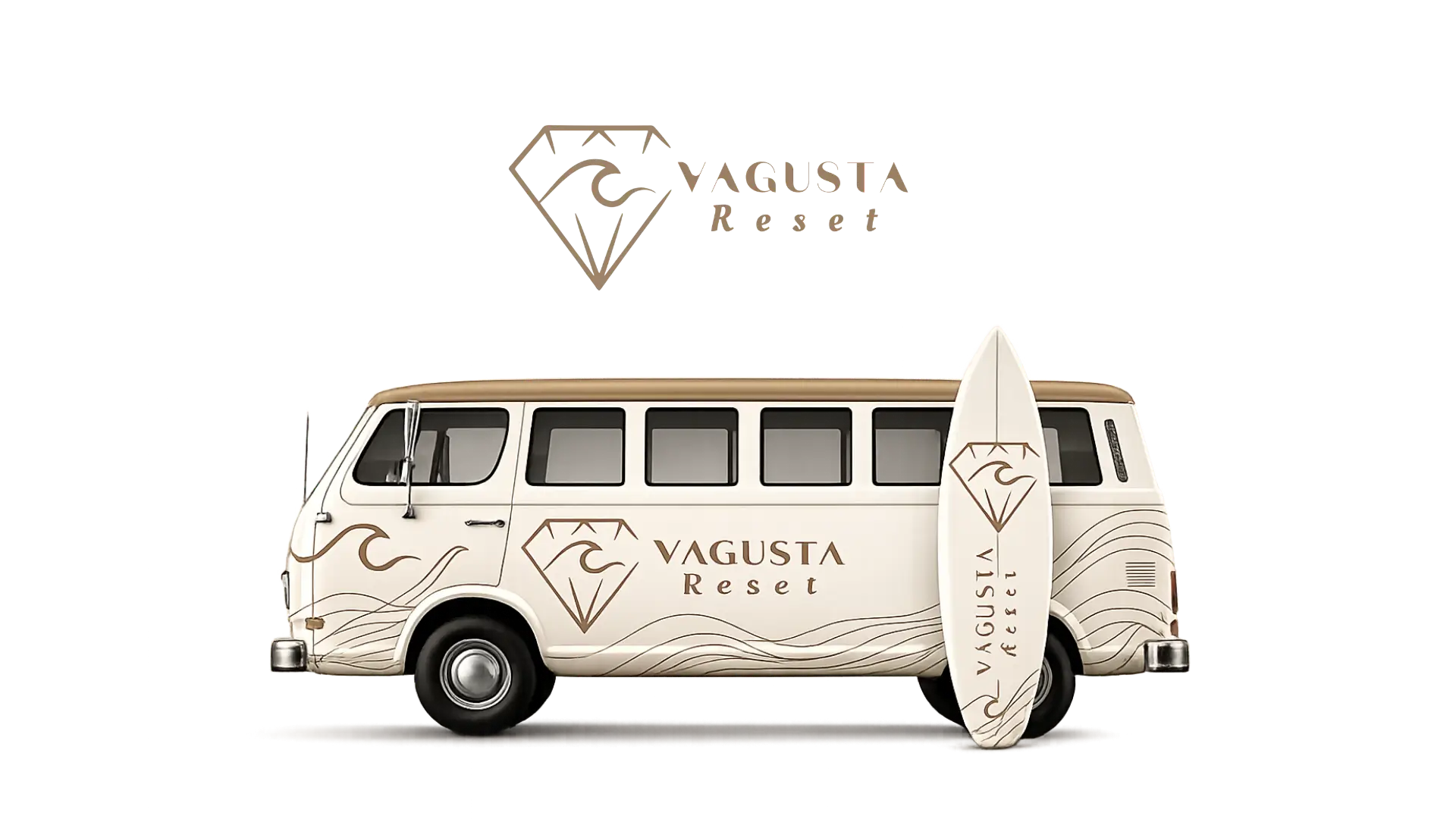Vagusta Reset surf van with a branded surfboard