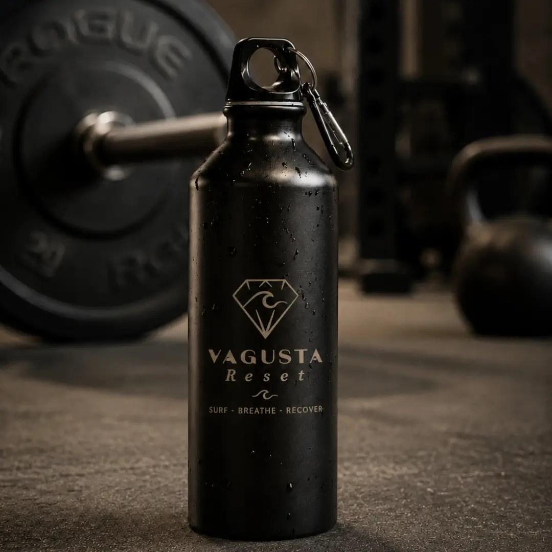 Vagusta Reset water bottle beside strength training equipment