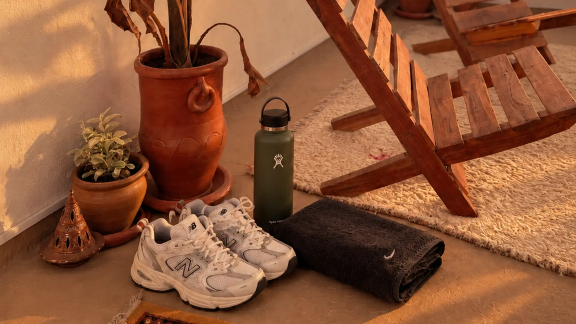 Training shoes, water bottle and folded towel prepared for the day at Vagusta Reset